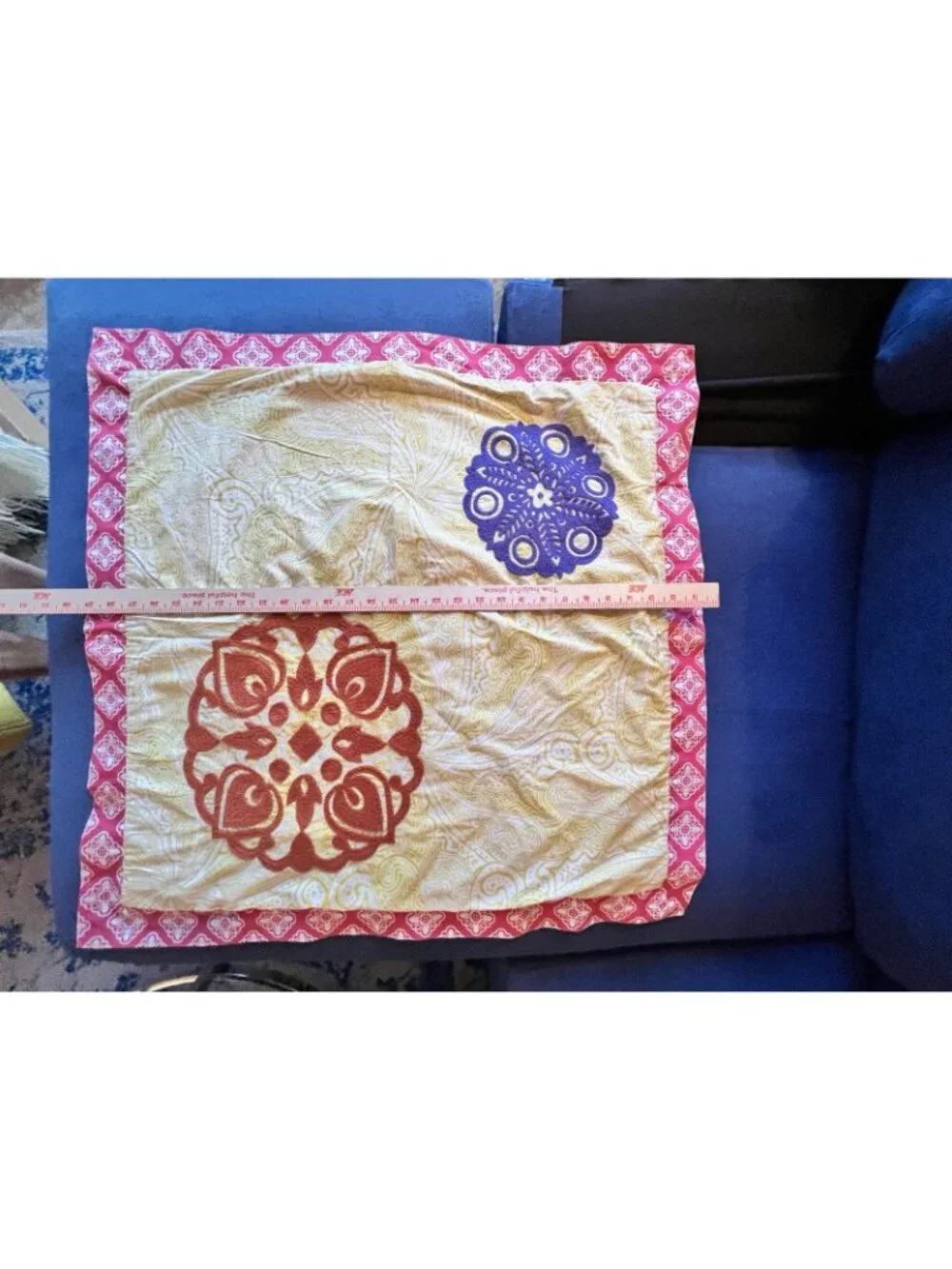 Boho EURO 2 Sham Set Cotton Floral Patchwork Embroidery Style & Co Blue Yellow